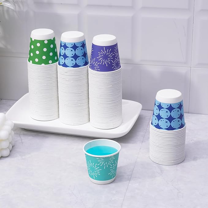 Tamone 600 Pack 3 oz Bathroom Cups, Small Paper Cups, Mini Disposable Cups Fireworks Design, Blue, Green Mouthwash Cups for Party, Picnic, BBQ, Travel, Home and Event