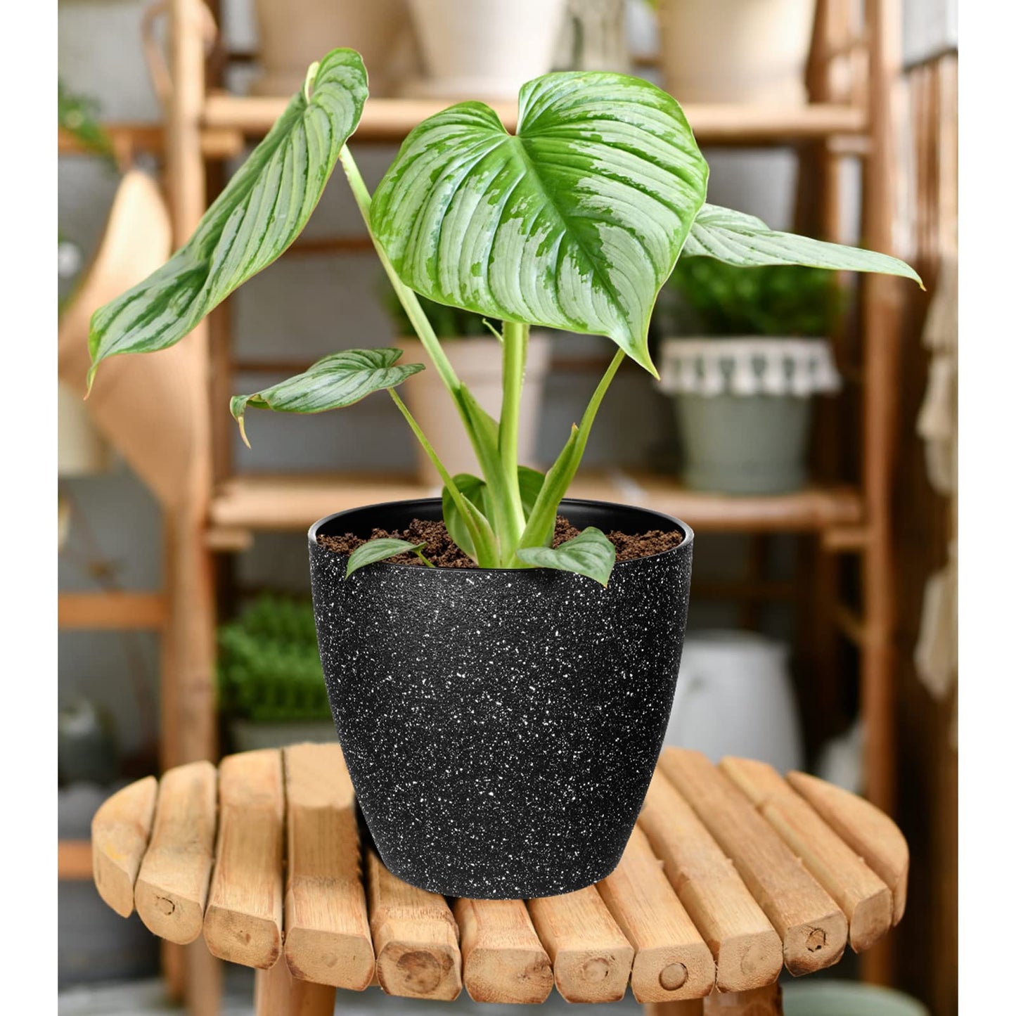 Vanavazon Plant Pots 9/8/7 Inch Set of 3 Flower Pots Indoor Outdoor Plastic Planters with Drainage Hole and Tray (Speckled Black)