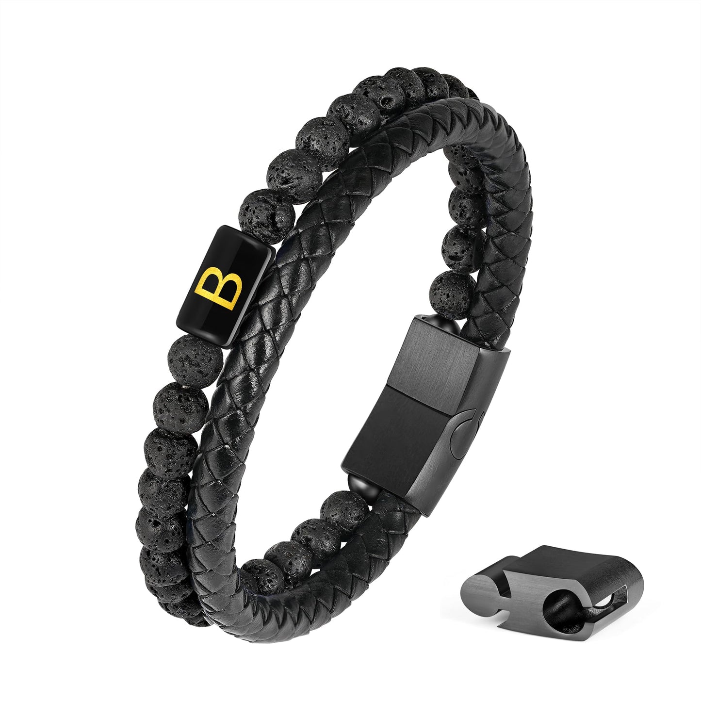 FOCOOG Leather Bracelets for Men with Initial - Men Gifts Lava Rock Bead Magnetic Clasp Gift for Dad Black Mens Leather Bracelets Men's Initial B Bracelet for Men's Jewelry Mens Gifts for Dad Husband