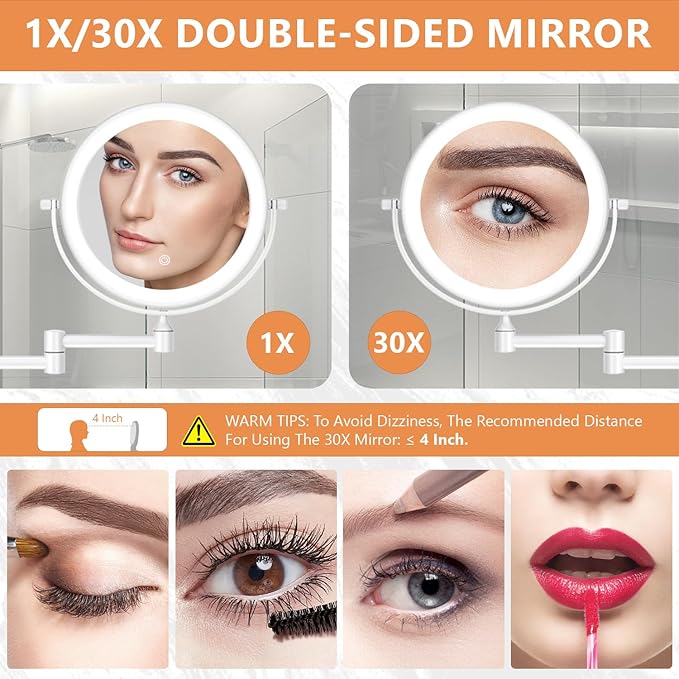 1X/30X Wall Mounted Makeup Mirror with Light, 8" Rechargeable Double-Sided Magnifying Mirror, Vanity Mirror Dimmable 3 Color Light, 360° Extension Rotation Foldable 14.5 Inch Arm, White