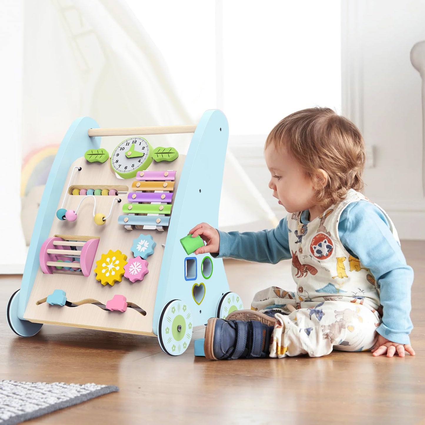 Wooden Baby Walker,Adjustable Speed Push Walker with Wheels and Learning Activity Center,Montessori Walker for Babies 12 Months,Baby Walker Push Toys for Baby Boys and Girls Gifts (Blue)