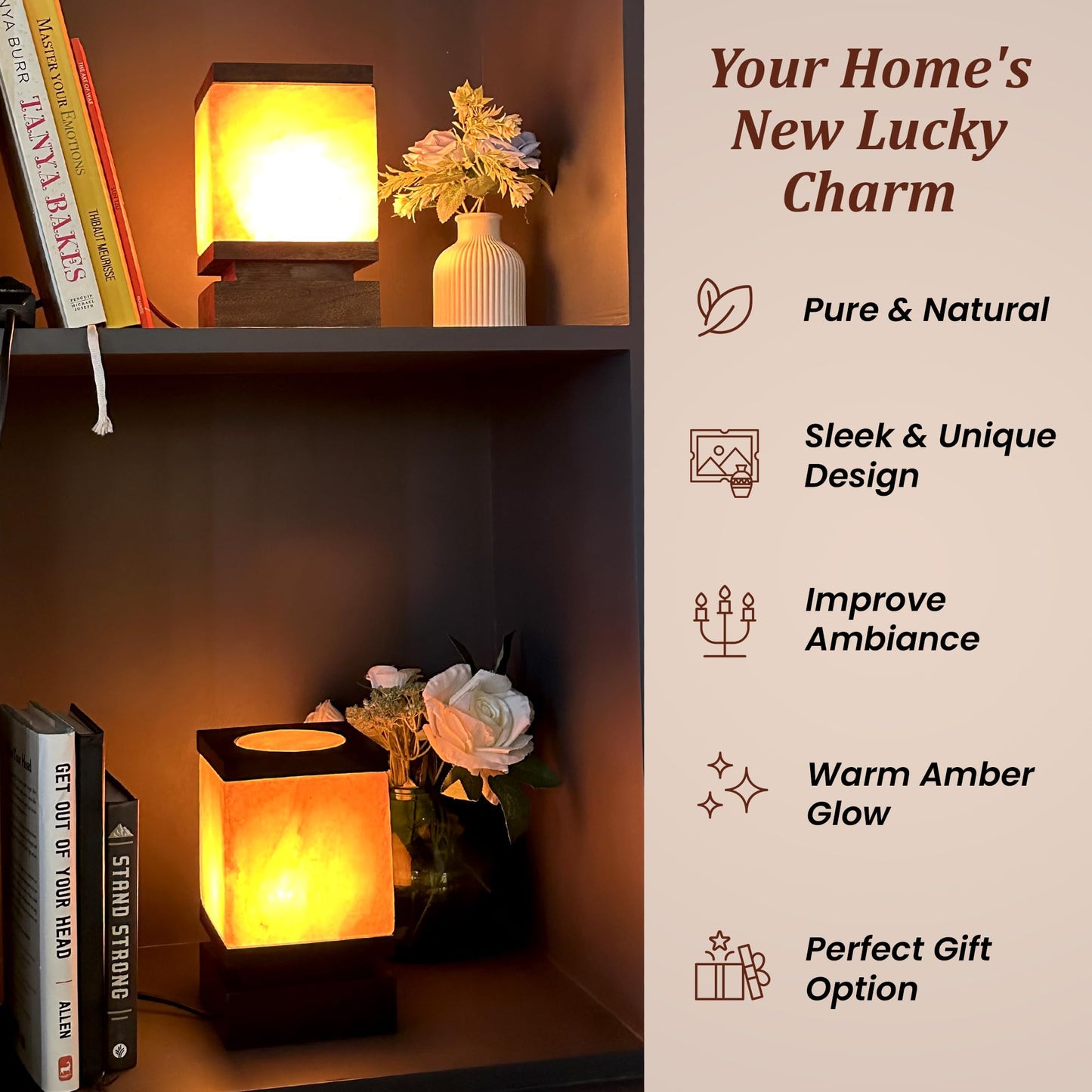 POHS 100% Authentic Cube Shape Himalayan Pink Salt Lamp with Brown Wooden Base, Dimmer Switch Cord and Two Bulbs, Night Light for Home and Office Table and Desk, Gift and Decor
