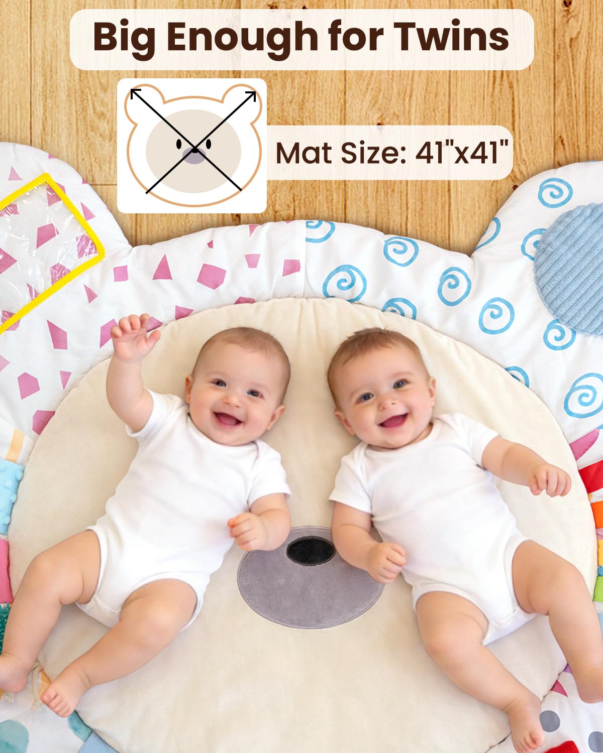 Beavtaens Baby Play Gym, Thickened and Non Slip Activity Mat, 5 Developmental Zones Tummy Time Mat with 5 Detachable Sensory Toys for Motor Skills, Baby Essentials Shower Gift Box(Bear)