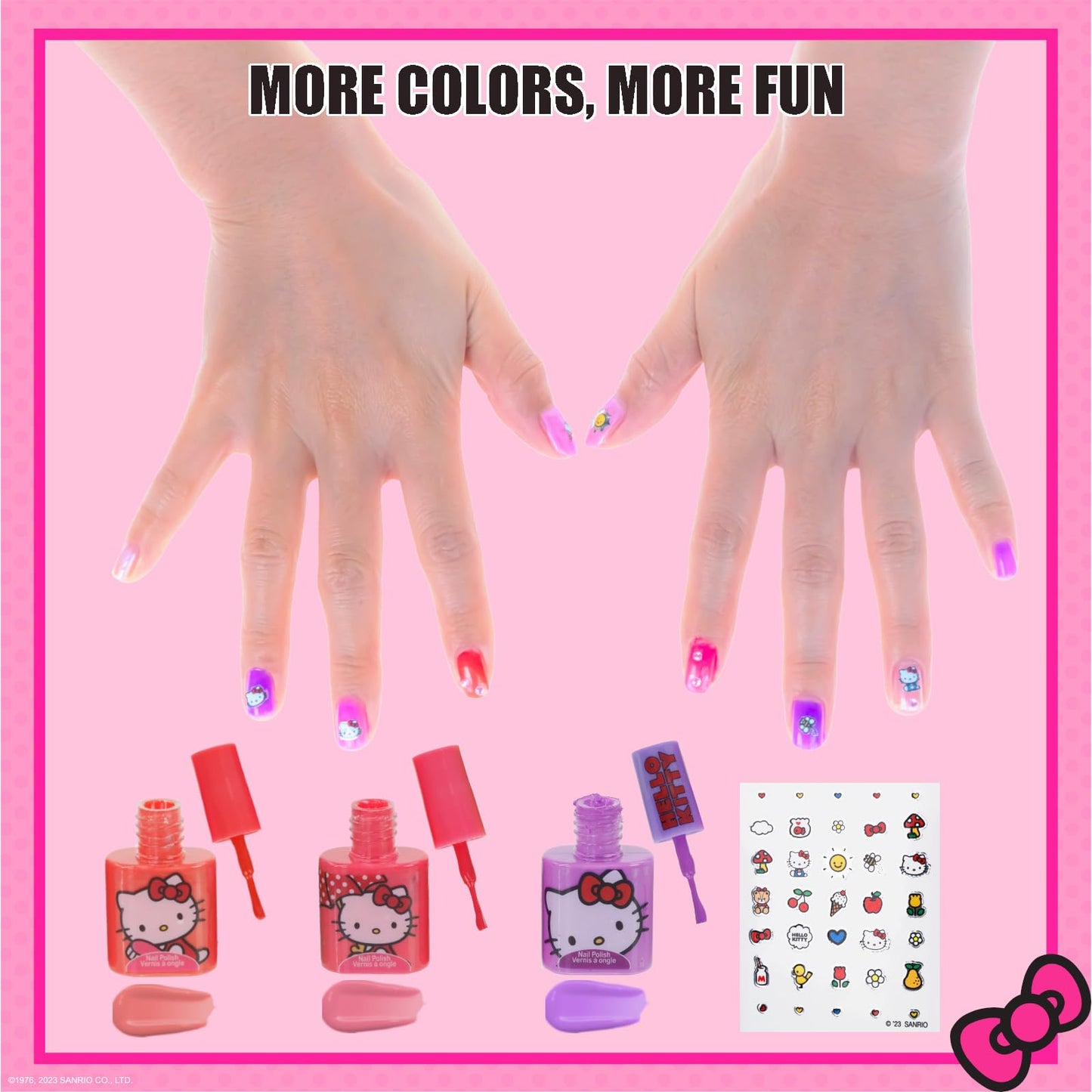 Hello Kitty Water-Based Nail Polish Set, Peel-Off Set with Glittery & Opaque Colors and Nail Accessories for Girls Kids, Perfect for Dress Up, Parties & Makeovers Ages 3+ by Townley Girl