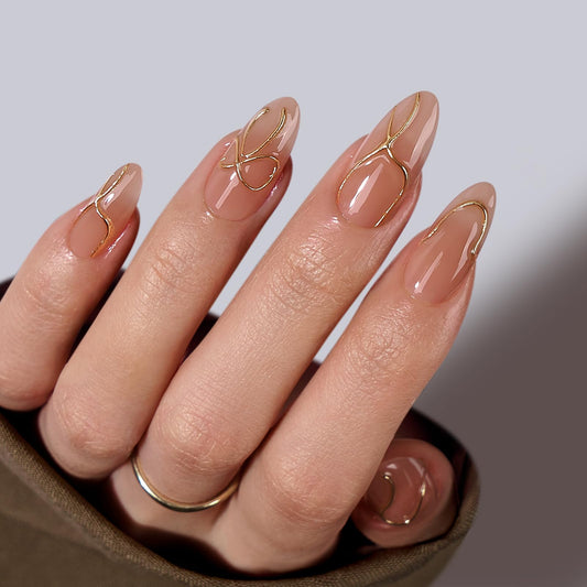 BTArtbox Press On Nails Almond - Press On nails with 3D Gold Lines Design, Medium Glue On Nails with Nail Glue, Gold Swirl Stick On Nails in 15 Sizes, Radiant Ribbons