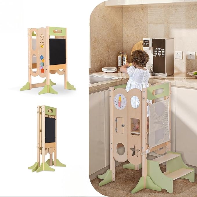 6 in 1 Toddler Tower with Removable Ladder, Foldable Wooden Kitchen Step Stool for Kids, Adjustable Children Helper Tower for Baby, Standing Tower with Safety Equipment and Black Board