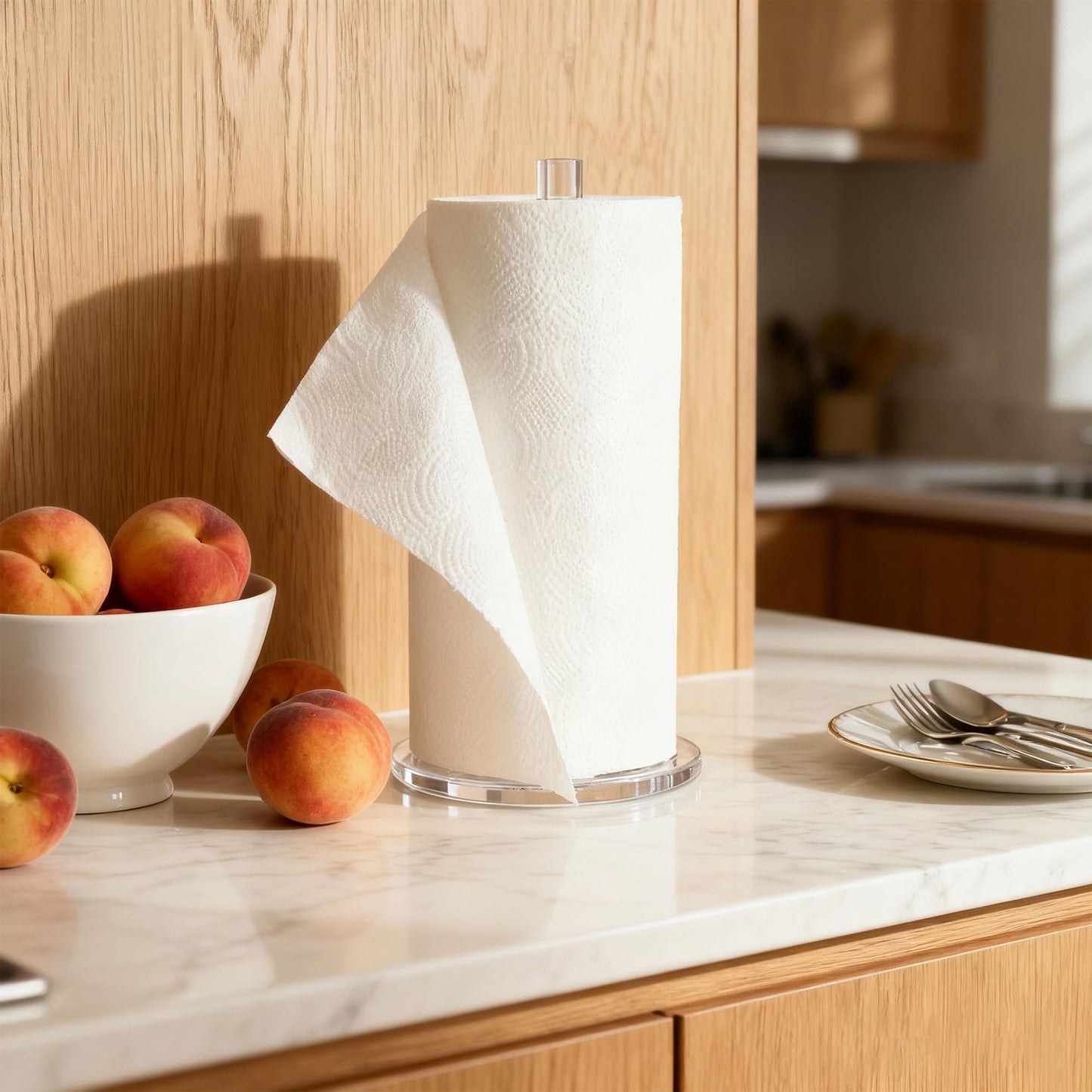 WORHE Paper Towel Holder Countertop Clear Acrylic 5.9" Diameter Thickening Sturdy Base,for Kitchen Bathroom, Paper Towel Dispenser for Tear Tissue Roll 1 Pack (YGC001)