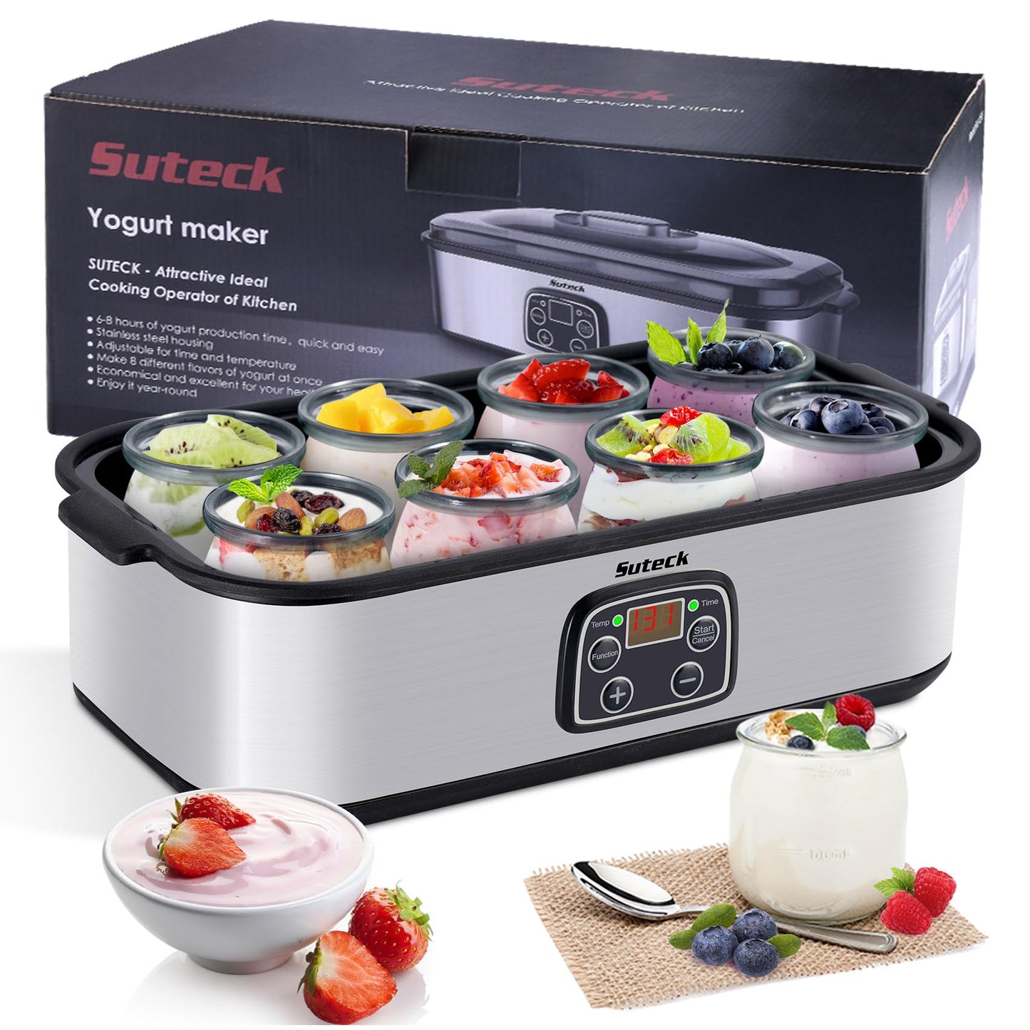 Yogurt Maker Automatic Digital Yoghurt Maker Machine with 8 Glass Jars 48 Ozs (6Oz Each Jar) LCD Display with Constant Temperature Control Stainless Steel Design for Home Use