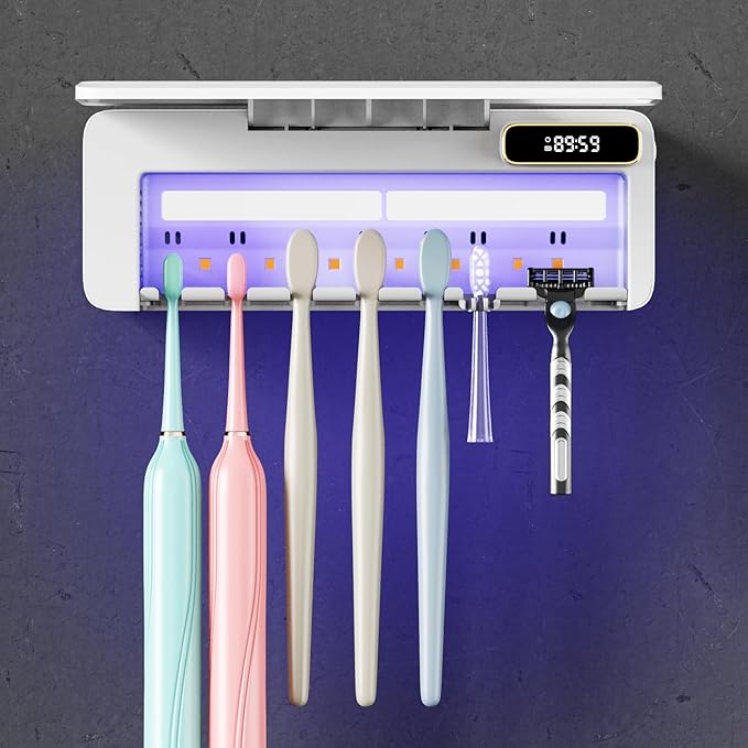 Toothbrush Holders Wall Mounted 7 Slots Tooth Brush Holder for Bathroom Rechargeable Electric Toothbrush Holder Set Storager with Fan Drying Heating (White1)