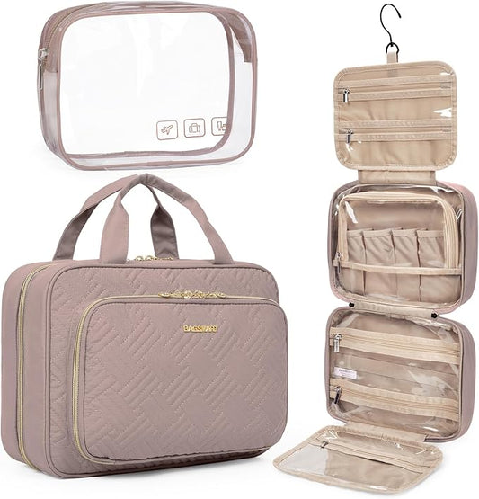 BAGSMART Toiletry Bag Hanging Travel Makeup Organizer with TSA Approved Transparent Cosmetic Bag Makeup Bag for Full Sized Toiletries, Large-Dark Purple