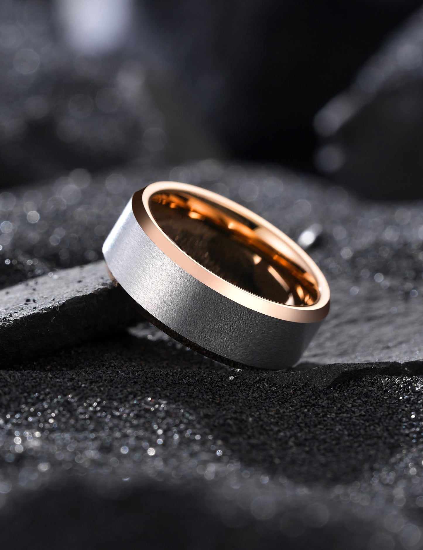 King Will 8mm Classic Tungsten Rings for Men Two-Tone Mens Wedding Bands Simple Engagement Promise Ring Matte Brushed Beveled Edges Comfit Fit Durable, Silver & Rose Gold Plated Size 7