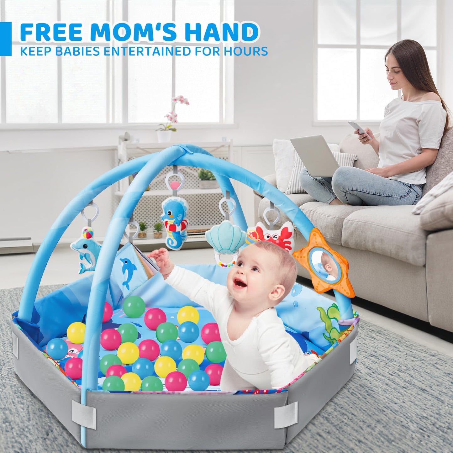 Baby Gym Play Mat, 8-in-1 Ocean Theme Tummy Time Mat & Ball Pit, Washable Baby Activity Play Mat for Visual, Hearing, Sensory, Motor Development, Baby Toys Gift for Toddler Infant 0-3-6-9-12-18 Months