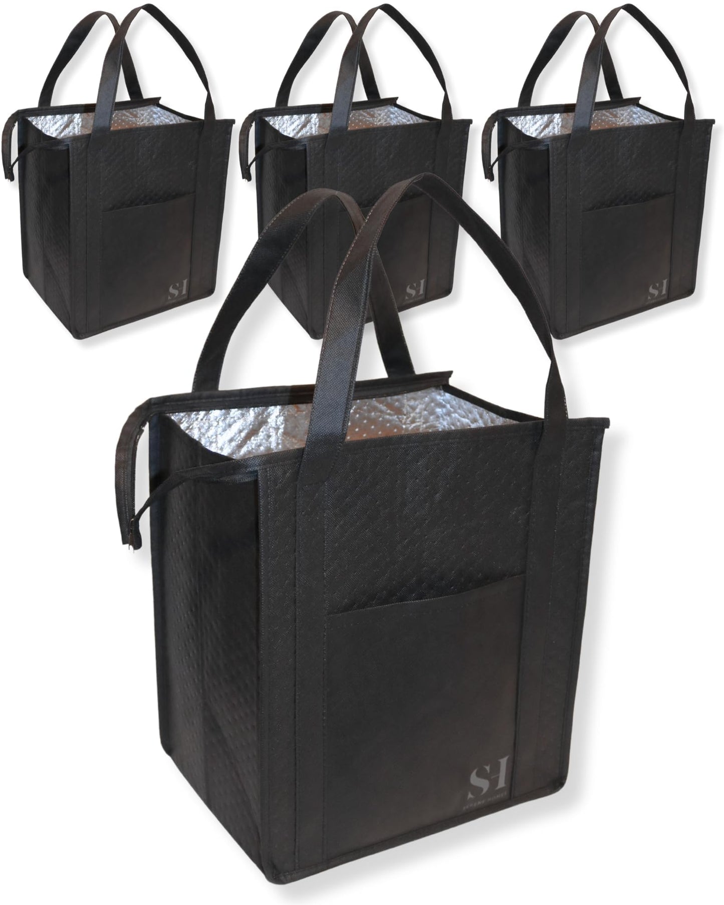 Serene Homes Black Insulated Grocery Bags, 4 Pack Reusable Shopping Bags with Zippered Top for Groceries & Food Delivery