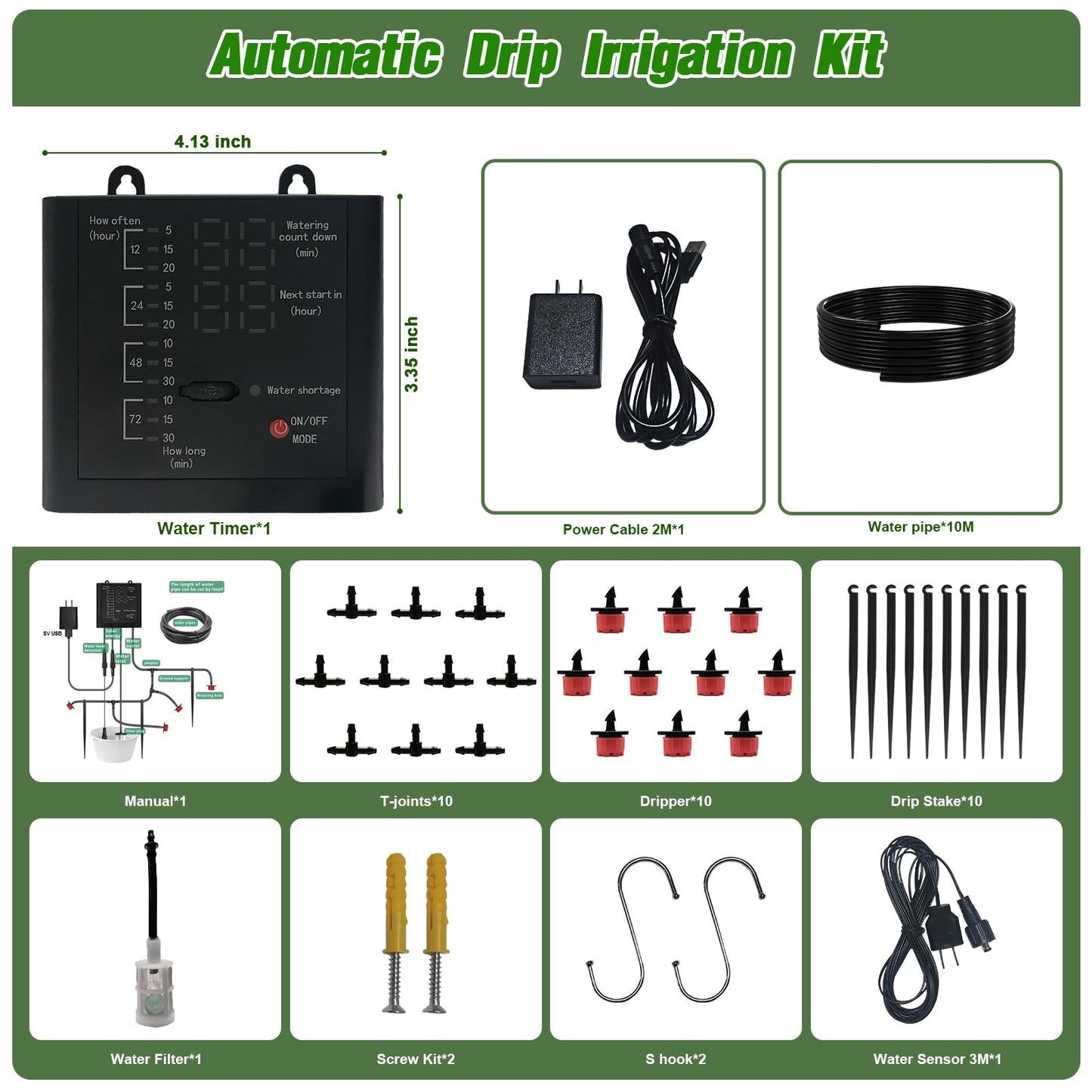 Automatic Watering System for Indoor Plants, DIY Drip Irrigation Kit with Timer for Potted Plants,Self Watering Device for Garden, Greenhouse & Vacation Plant Care (10 pots, Adjustable dripper)