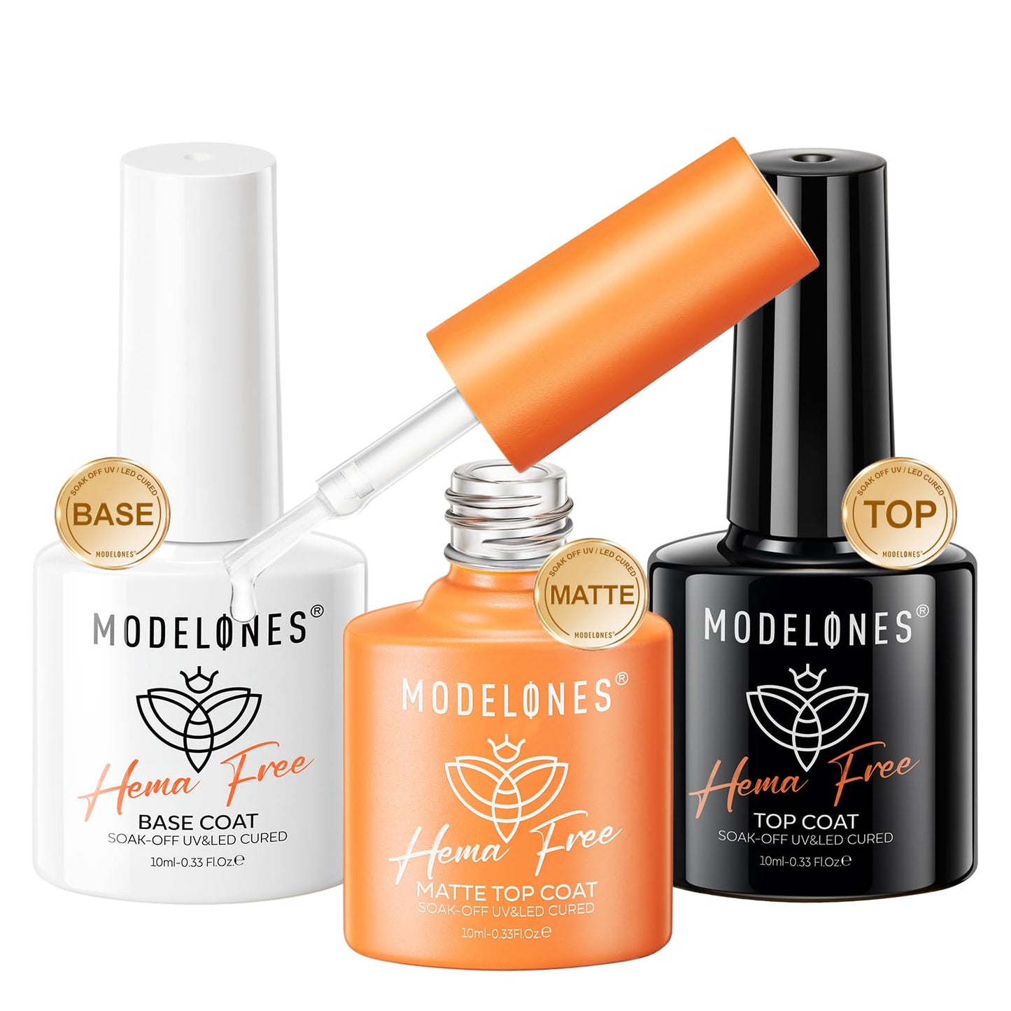 modelones Hema-Free Gel Top and Base Coat Set, 3 Pcs Clear Glossy Velvet Matte Base Top Coat No Wipe Matte Top Coat for Summer nail Polish Soak Off Nail Lamp Nail Art Home Salon Manicure
