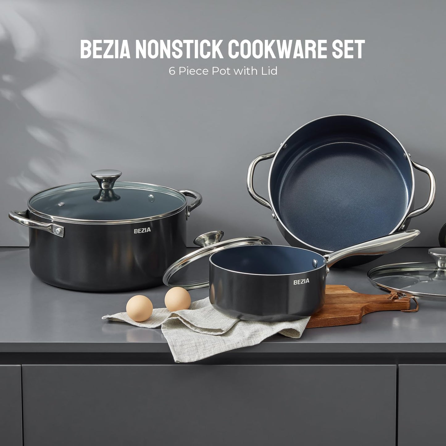 Induction Cookware Set 6-Piece, Stackable Kitchen Cooking Pots Set, 6qt 4.8qt & 2qt Pots with Lids, Dishwasher Safe & Oven Safe, Compatible with All Stoves, Black