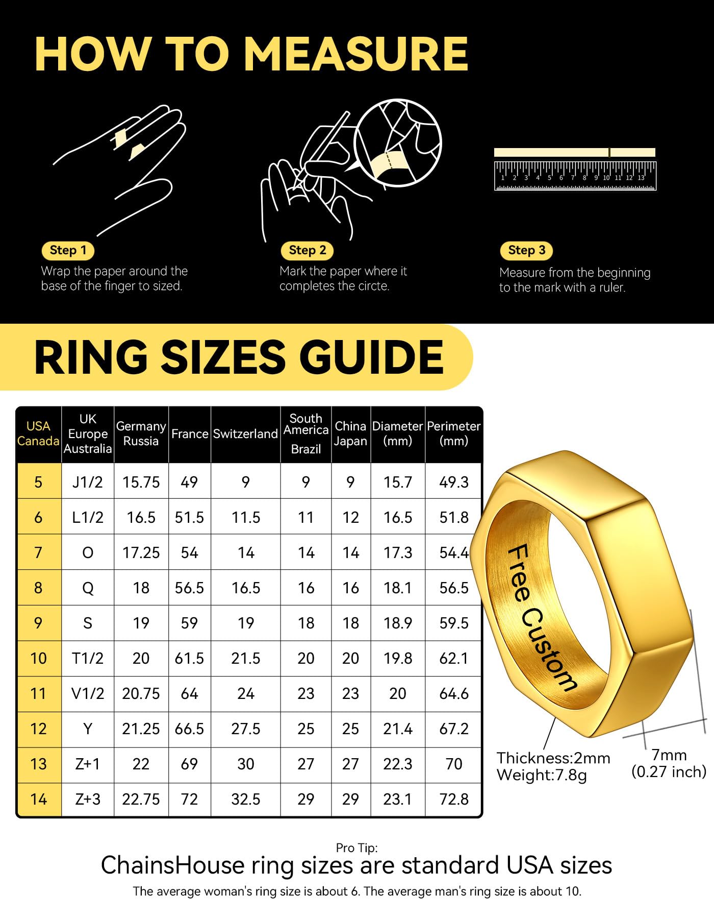 ChainsHouse Personalize Simple Band Rings 18K Gold Plated Geometric Hexagon Biker Ring for Men Women, Size 12