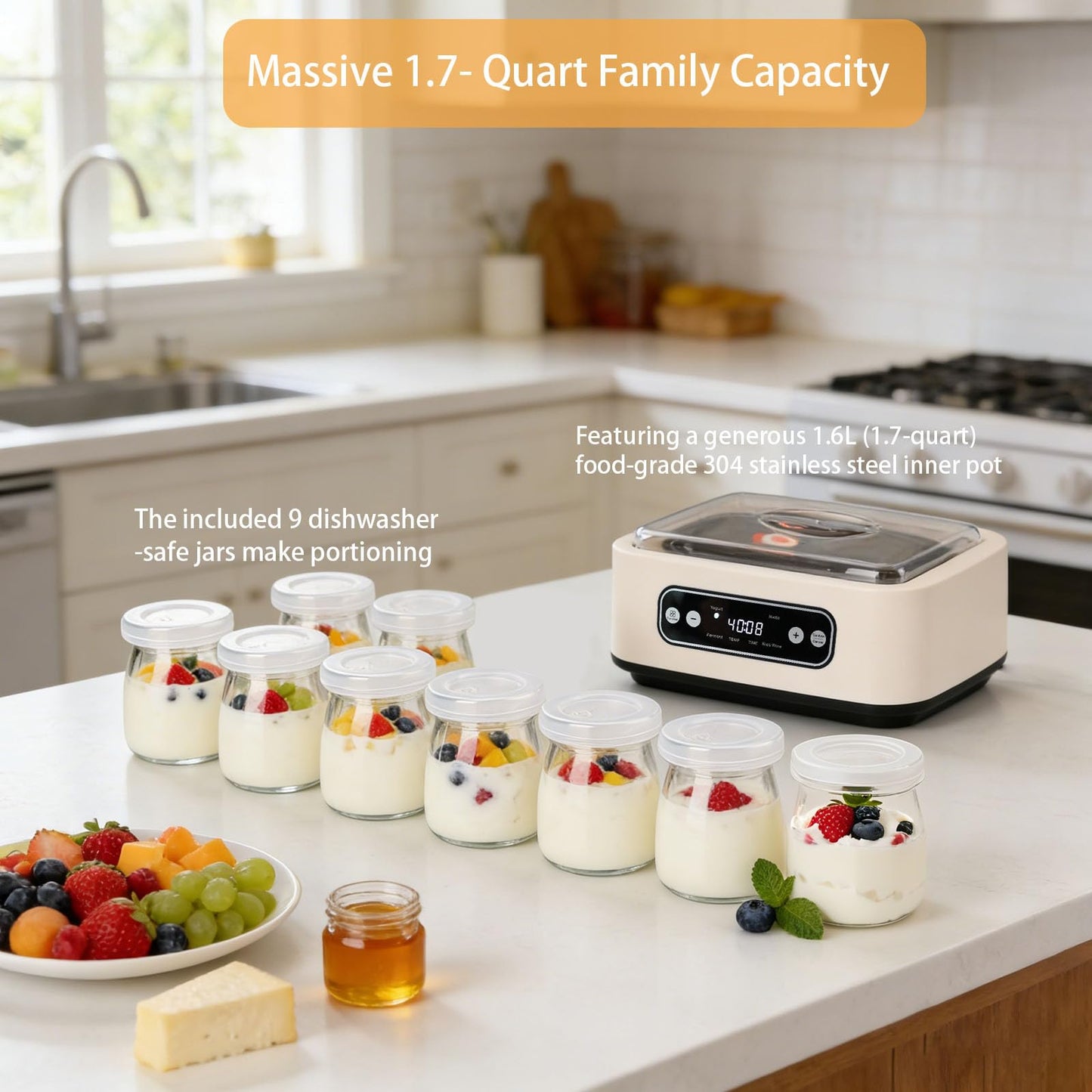 Yogurt Maker with, Real-Time Countdown, Temp & Timer Control (1-99h),Temp Control 21°C-48°C, 1.6L Stainless Steel Inner Pot + 9 Dishwasher-Safe Jars – Effortless Homemade Greek & Probiotic Yogurt