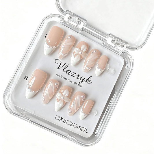 Handmade Press On Nails – Short Almond False Nails for Women, Reusable Acrylic White French Tip with Pearl & 3D Flowers Design – Salon Quality Fake Nails (M-10PCS）