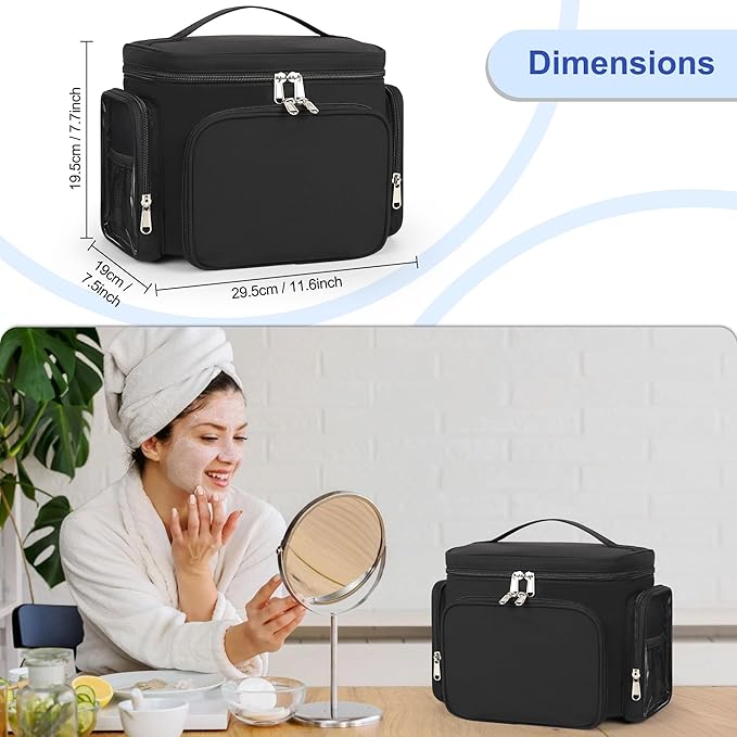 Large Makeup Bag, Travel Toiletry Bag for Women, Lightweight Cosmetic Makeup Bag Organizer with Handle and Clear Side Pockets for Traveling, Accessories, Essentials, Toiletries, Black