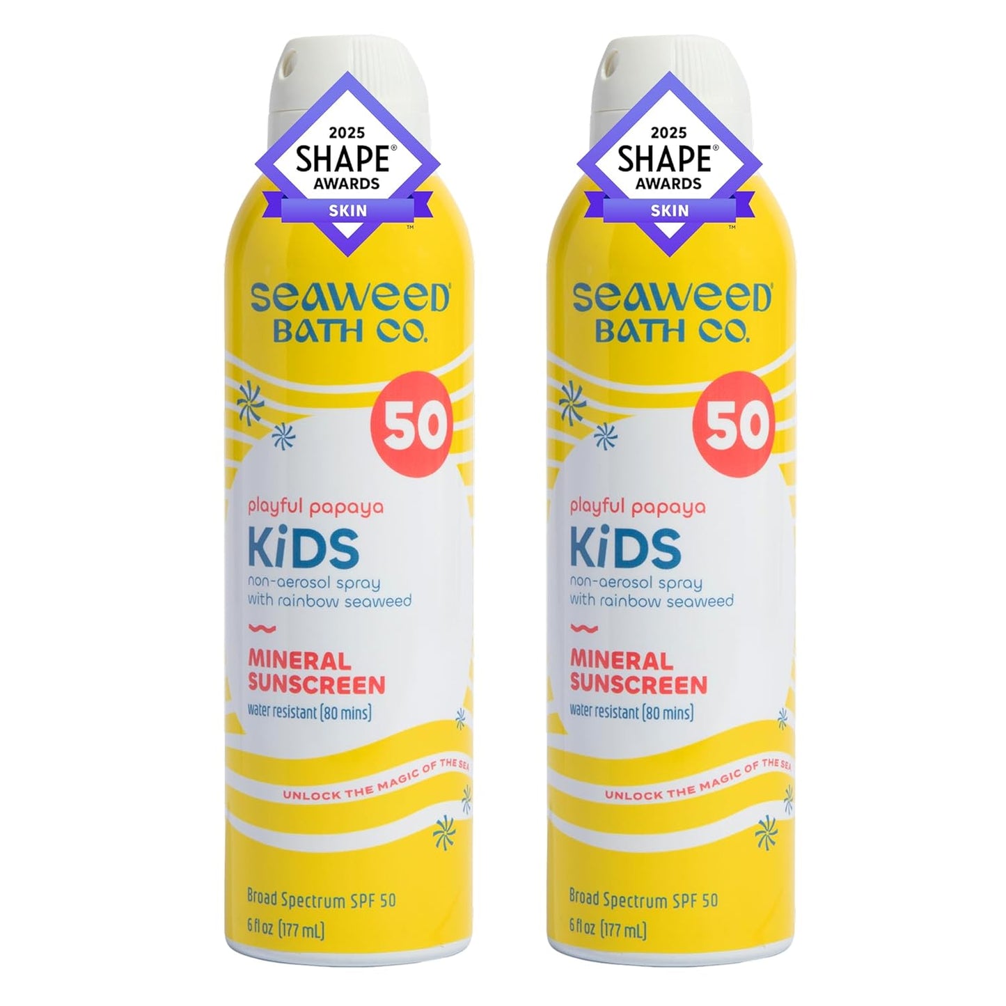 Seaweed Bath Co. Kid's Mineral SPF 50 Broad Spectrum Sunscreen Spray, 6 Ounce (Pack of 2), Papaya Scented, Water Resistant, Tear Free, Sensitive Formula, with Zinc Oxide, Rainbow Seaweed, Watermelon
