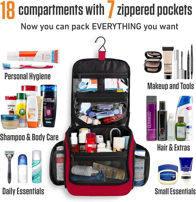 VENTURE 4TH Hanging Travel Toiletry Bag for Women & Men - Travel Organizer with Expandable Compartments & Removable Clear Pouch for Toiletries (Red)