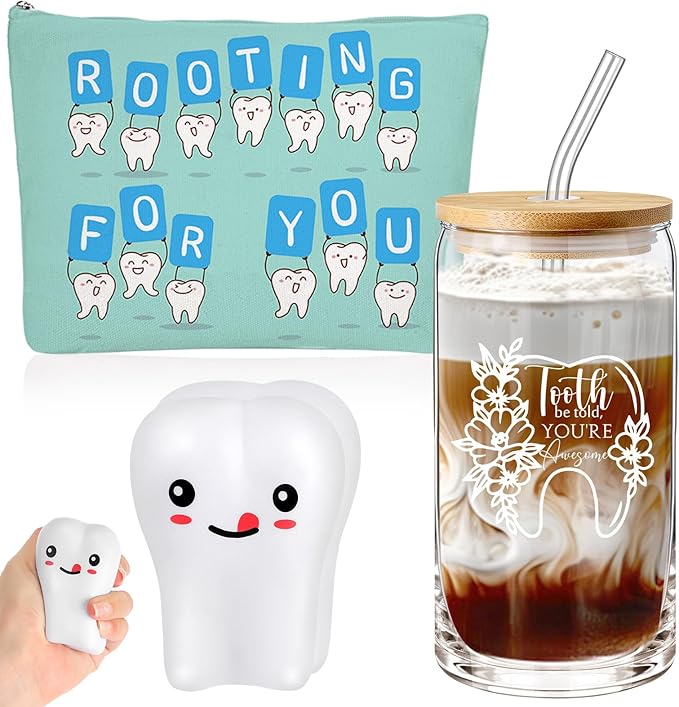 Sliner 3 Pcs Dental Hygiene Gifts Assistant Hygienist Gifts 16 oz Glass Cups Makeup Bag Teeth Stress Toy for Women Coworkers Nurse Dentist Retirement Graduation Christmas Birthday Gift(Multicolor)