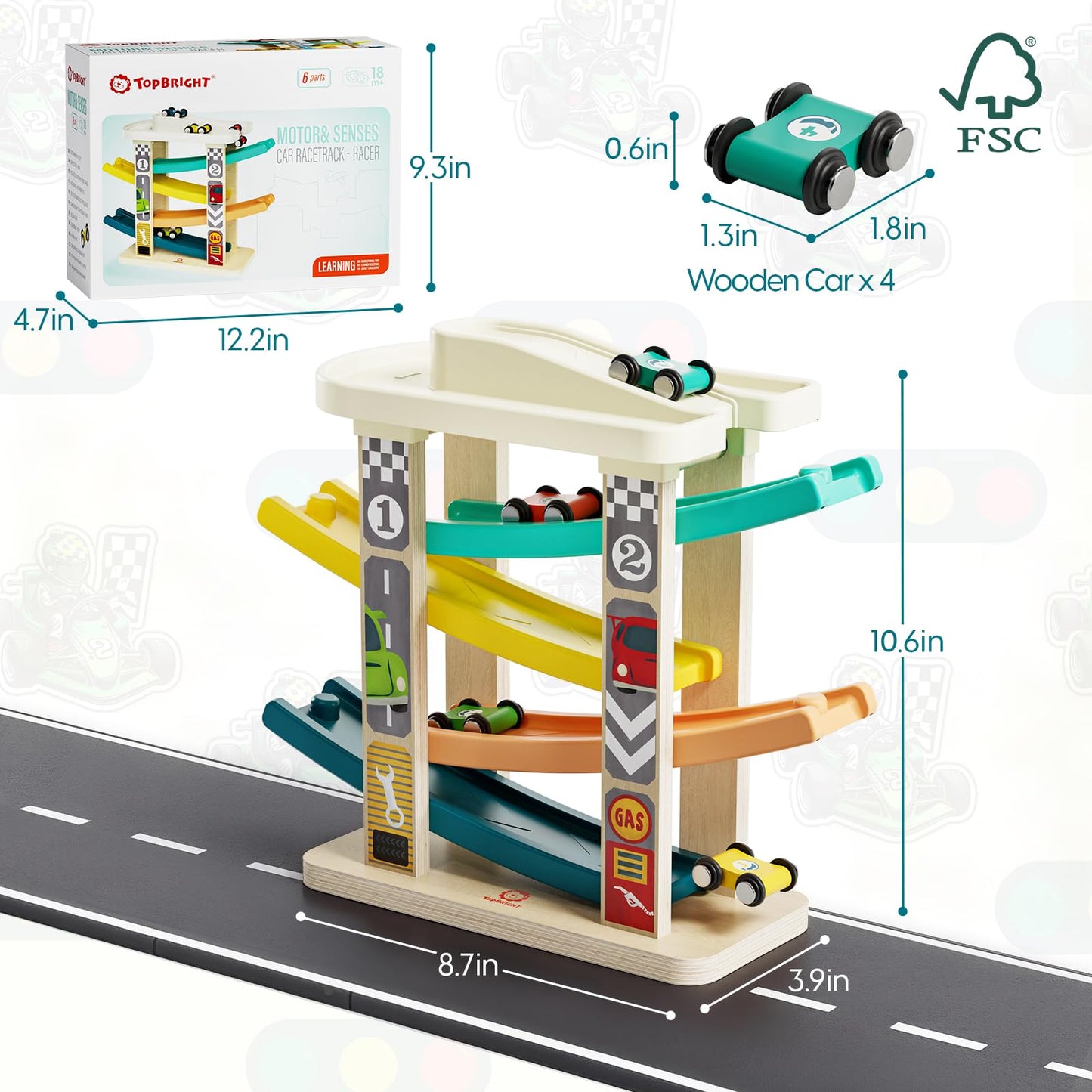 TOP Bright Toddler Wooden Race Track Car Ramp Toys for 1 2 Year Old Baby Motor Skills Race Tracks Car Ramp Vehicle Playsets with 4 Mini Cars and 1 Car Garage