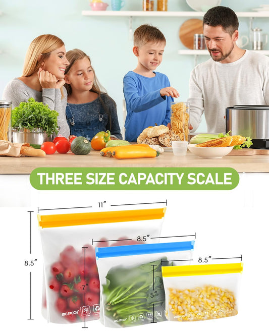 IDEATECH 20Pack Reusable Bags Dishwasher Safe, Leakproof Reusable Freezer Bags, BPA Free Healthy Food Storage Contaizers Sandwich Snack Baggies for Lunch Travel(8 Gallon 6 Quart 6 Snack,Colored)