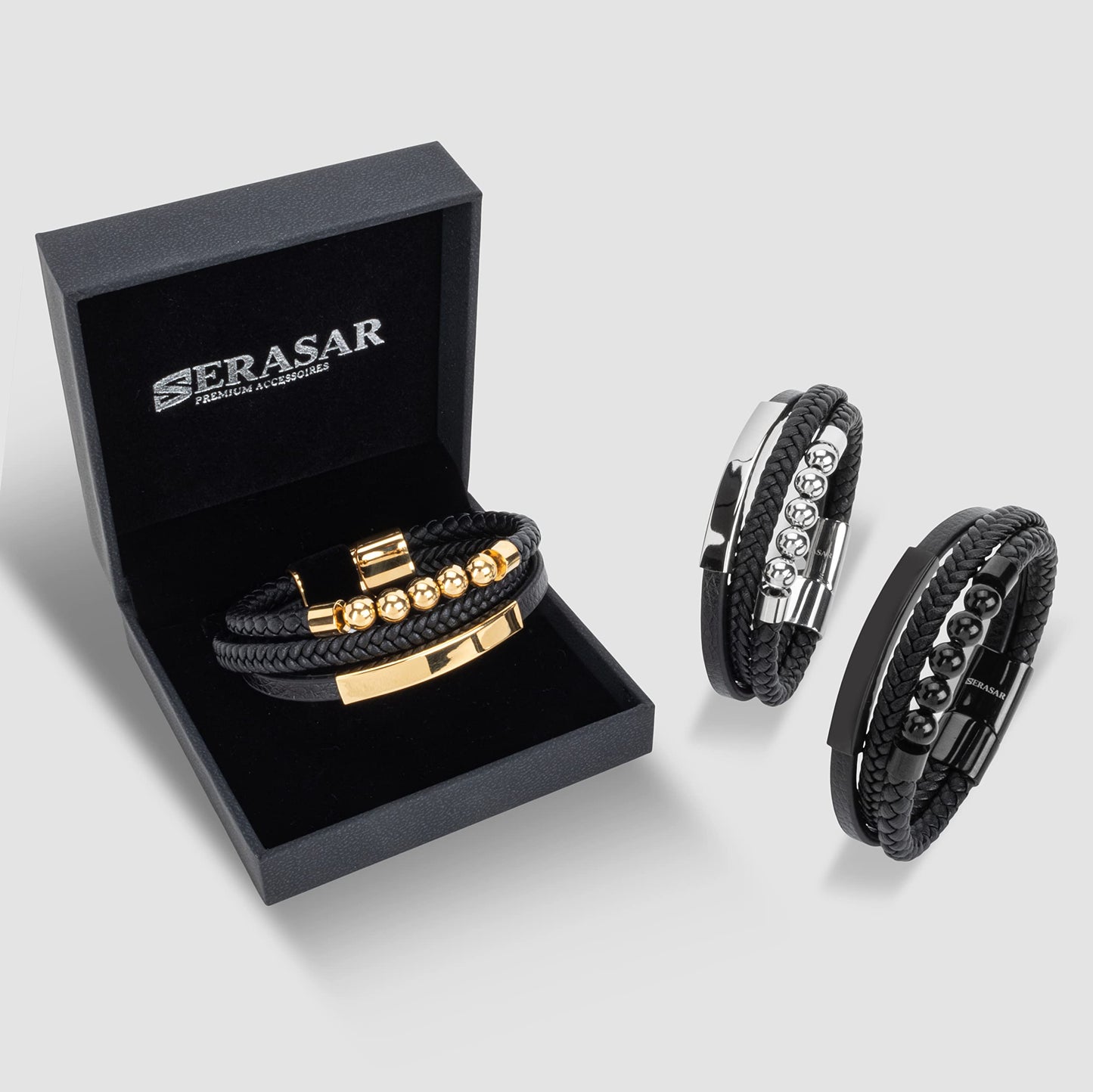 SERASAR Mens Silver Bracelets 23cm Bracelet Men Gift Box Genuine Leather Cowhide Braided Magnetic Clasp Multi Layer Wrap Rope Man Mans Male Band Jewelry Magnet Accessories