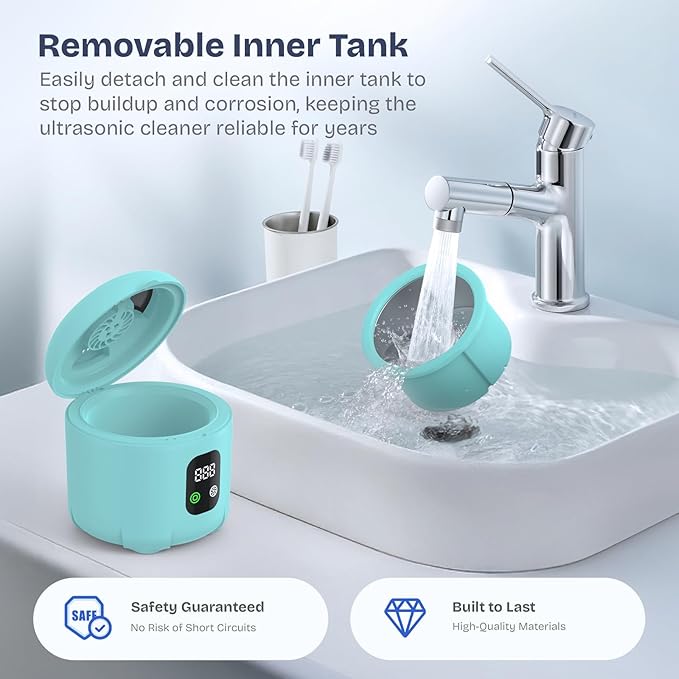 2025 Ultrasonic Retainer Cleaner- 45KHz 25W Portable Denture Cleaner with Drying Function and Removable Inner for Dentures, Mouth Guards, Aligners, Jewelry and More (Blue)