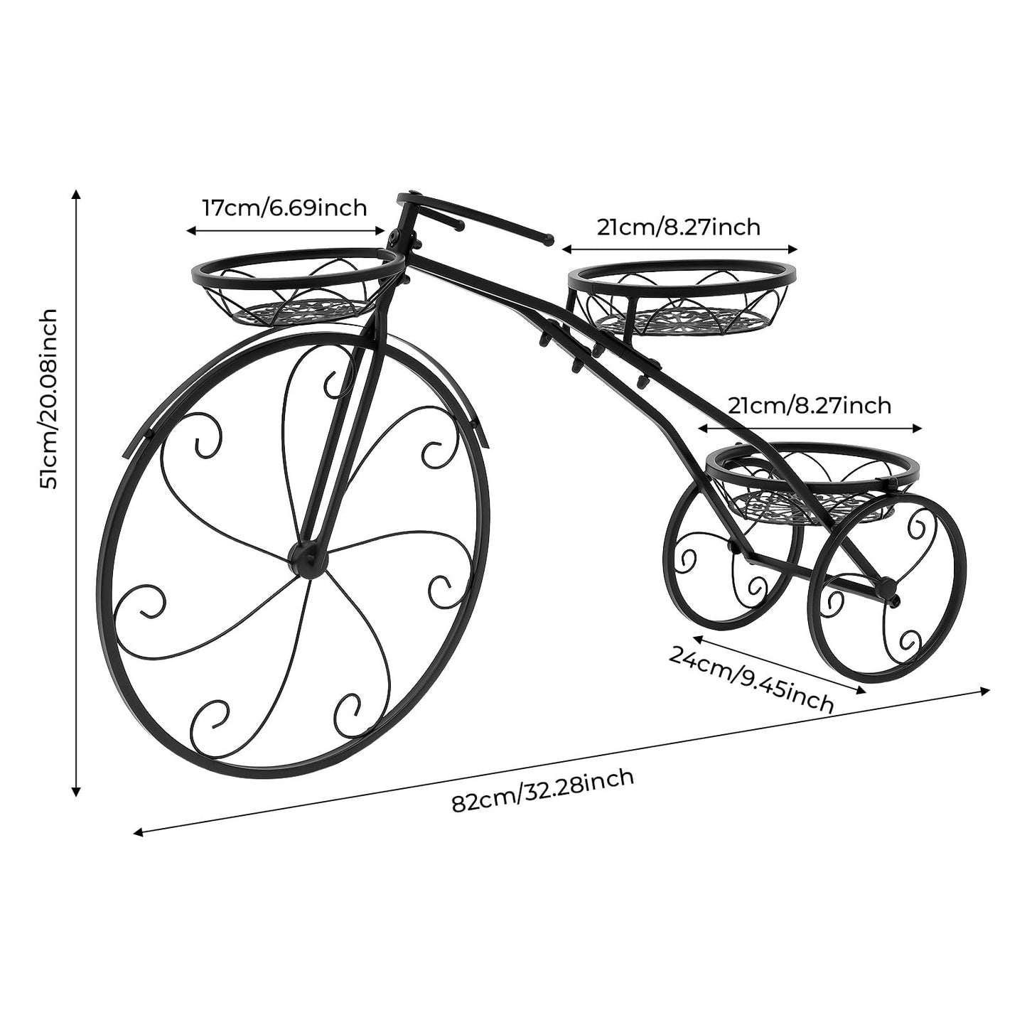CheriMuMu Bicycle Planter Stand, Metal Flower Pot Cart Holder, Tricycle Plant Stand with 3 Collection Baskets for Outdoor, Indoor, Home, Balcony, Patio, Garden, Backyard, Capacity 22.05lbs