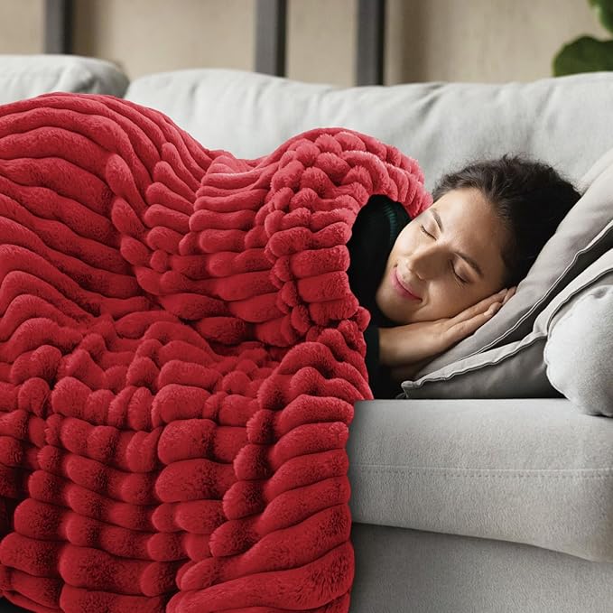 INFIIXSO Sherpa Throw Blanket for Couch - Super Soft & Warm Striped Fleece Blanket, Cozy Plush Fluffy Blanket All Season Use (Red, 50x60 Inches)