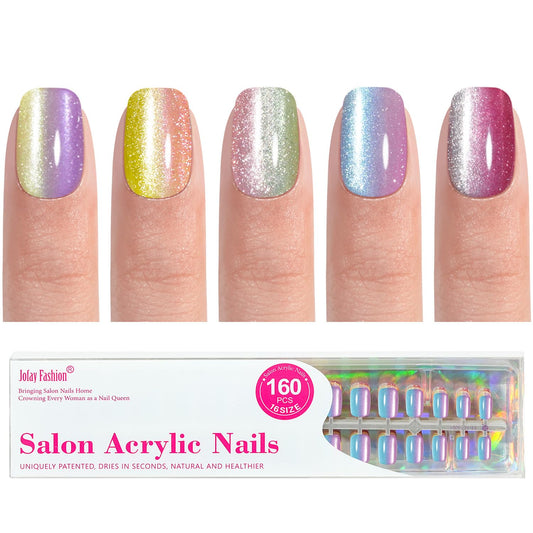 Press on Nails Short - 5 Styles Unique Two-color Ombre Square Cat Eye Press on Nails, Bt Art Box Press On Nails, Soft Gel x Coat Nails False Nails in 16 Sizes - 160 PCS Stick On Nails Kit