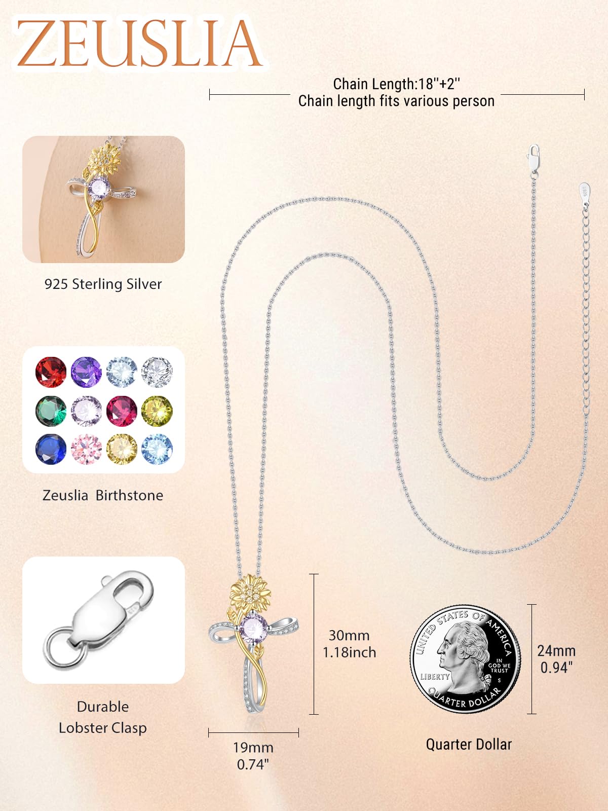 Cross Necklace for Women Sterling Silver Cross Pendant Jewelry with Sunflower Alexandrite June Birthstone Necklace Christian Religious Baptism First Communion Confirmation Birthday Gifts for Women