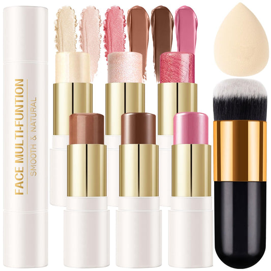 6 Colors Cream Contour Stick Makeup Kit, Shades with Highlighter Stick, Blush Stick and Double-End Bronzer Stick for Sculpt the Cheeks, Waterproof,Dewy & Matte Finish for Beginners (6 COLORS SET B)