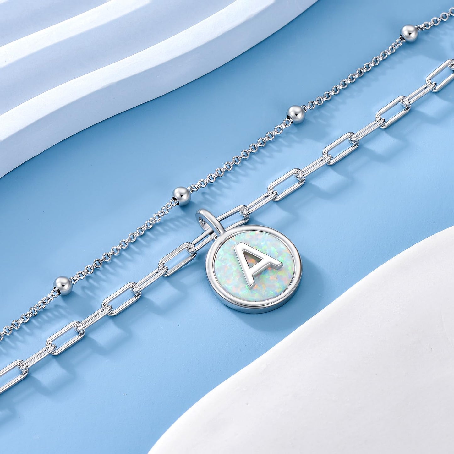 LWQQWL Initial A Bracelet for Women 925 Sterling Silver Layered Initial Bracelet Opal Letter 26 Alphabet Jewelry Christmas Gifts