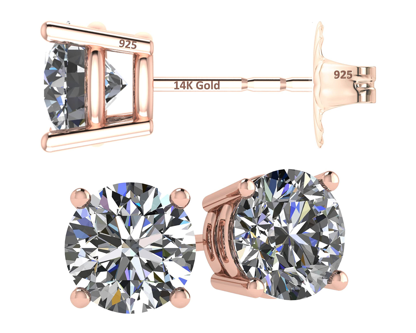 Central Diamond Center 14K Solid Gold Post & Sterling Silver 4 Prong CZ Stud Earrings - Rose Gold Plated - 8.50mm - 5.00cttw