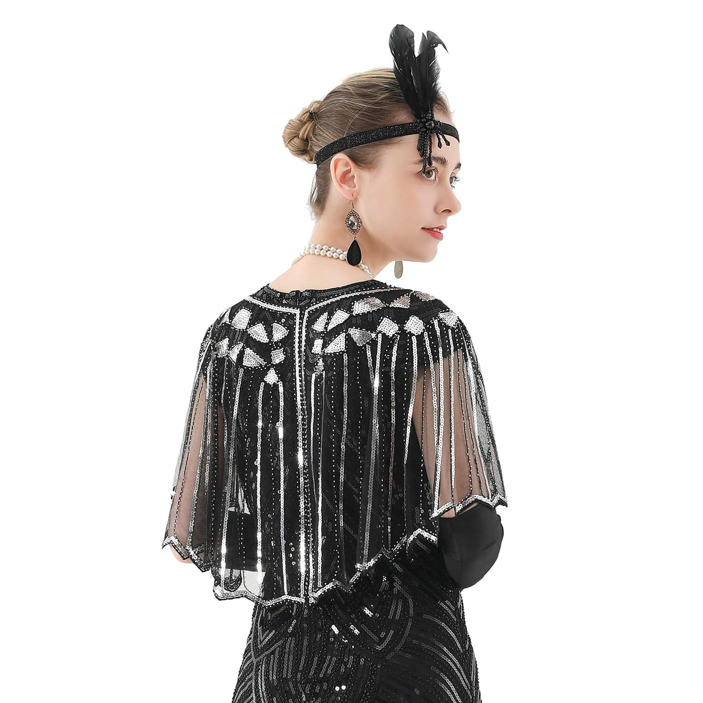 1920s Flapper Accessories Set, Roaring 20s Accessories Women Feather Headpiece Necklace Earrings Long Gloves,Black Gold