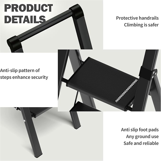 Taranta 5 Step Ladder,Liahtweight Aluminum Laddewith Handgrip, Portable Folding Stepladder with Anti-SlipPedalfor Home, Ofice, Kitchen 330lbs - Black