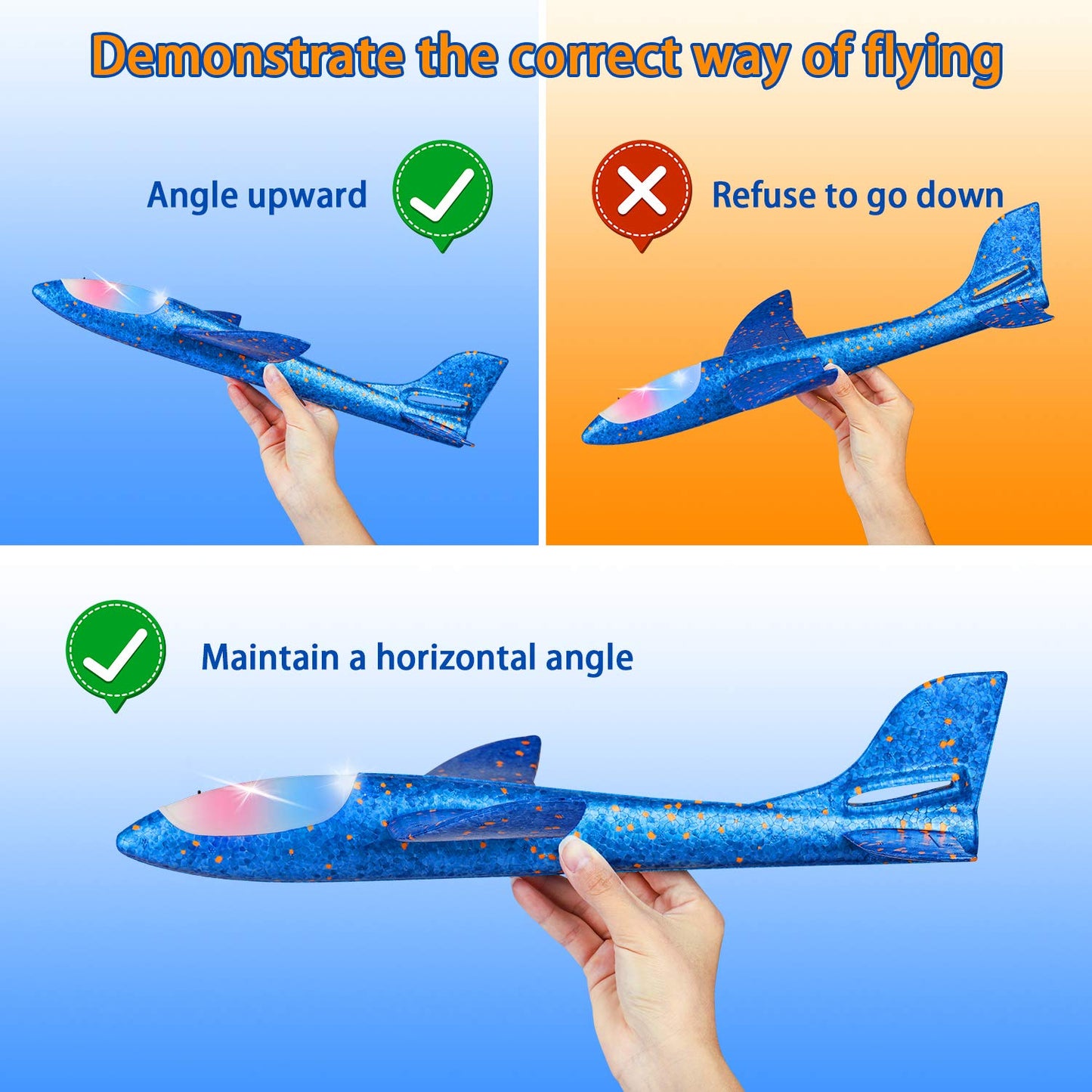 2 Pack LED Light Airplane,17.5" Large Throwing 2 Flight Mode Glider Plane,Flying Toy for Kids,Gifts for 3 4 5 6 7 8 9 Years Old Boy,Outdoor Sport Toys Birthday Party Favors Foam Airplane