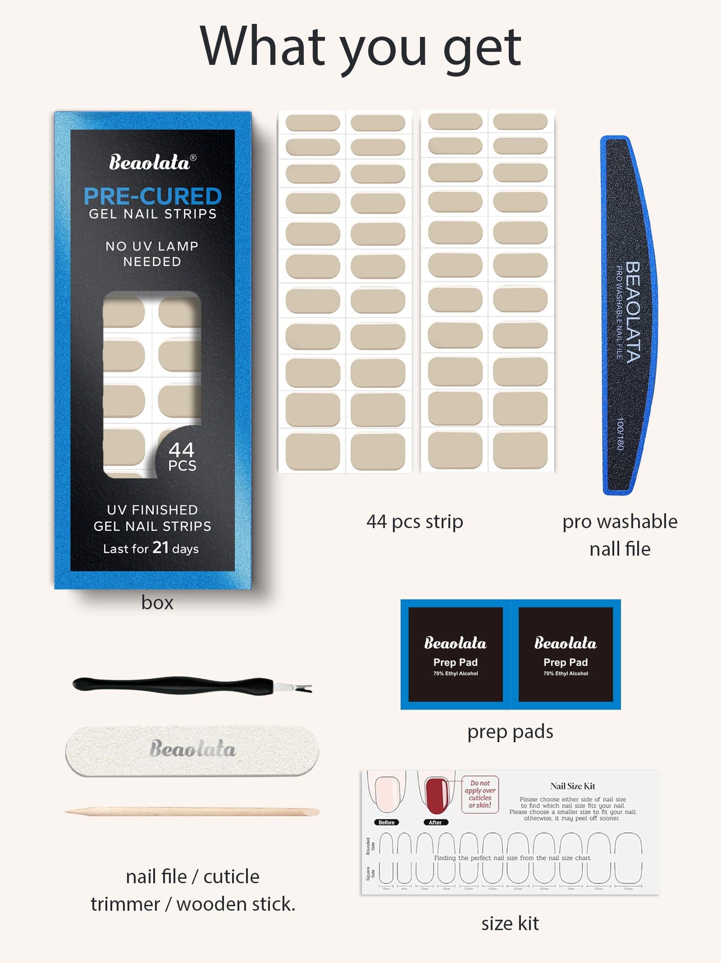 Beaolata Real Gel Nail Strips (No UV Light Needed) - 44Pcs Salon Quality Nail Stickers - Long Lasting Polish Wraps for Women, Easy Apply & Remove (Nude Oat)