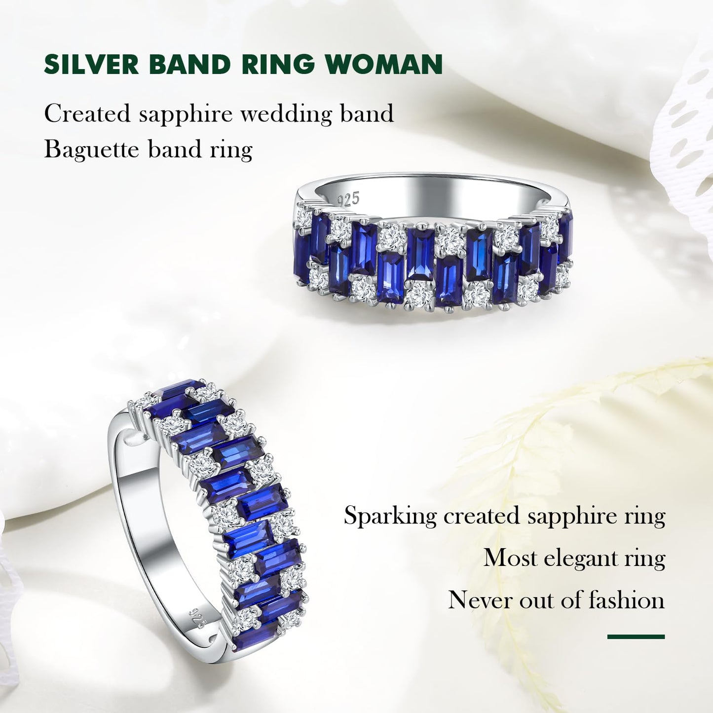 RANDES Blue Sapphire Ring Emerald Cut Eternity Band Sterling Silver Band Ring Cubic Zirconia Engagement Wedding Rings for Women Size 8