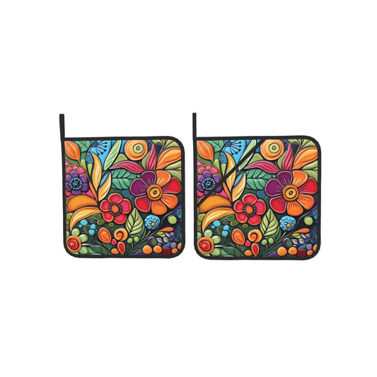 Colorful Boho Florals Pot Holders Set of 2 Kitchen Decorative Heat Resistant Potholder Cotton Lining Oven Hot Pads for Cooking Baking Microwave Oven End Dishes BBQ Holiday Decors