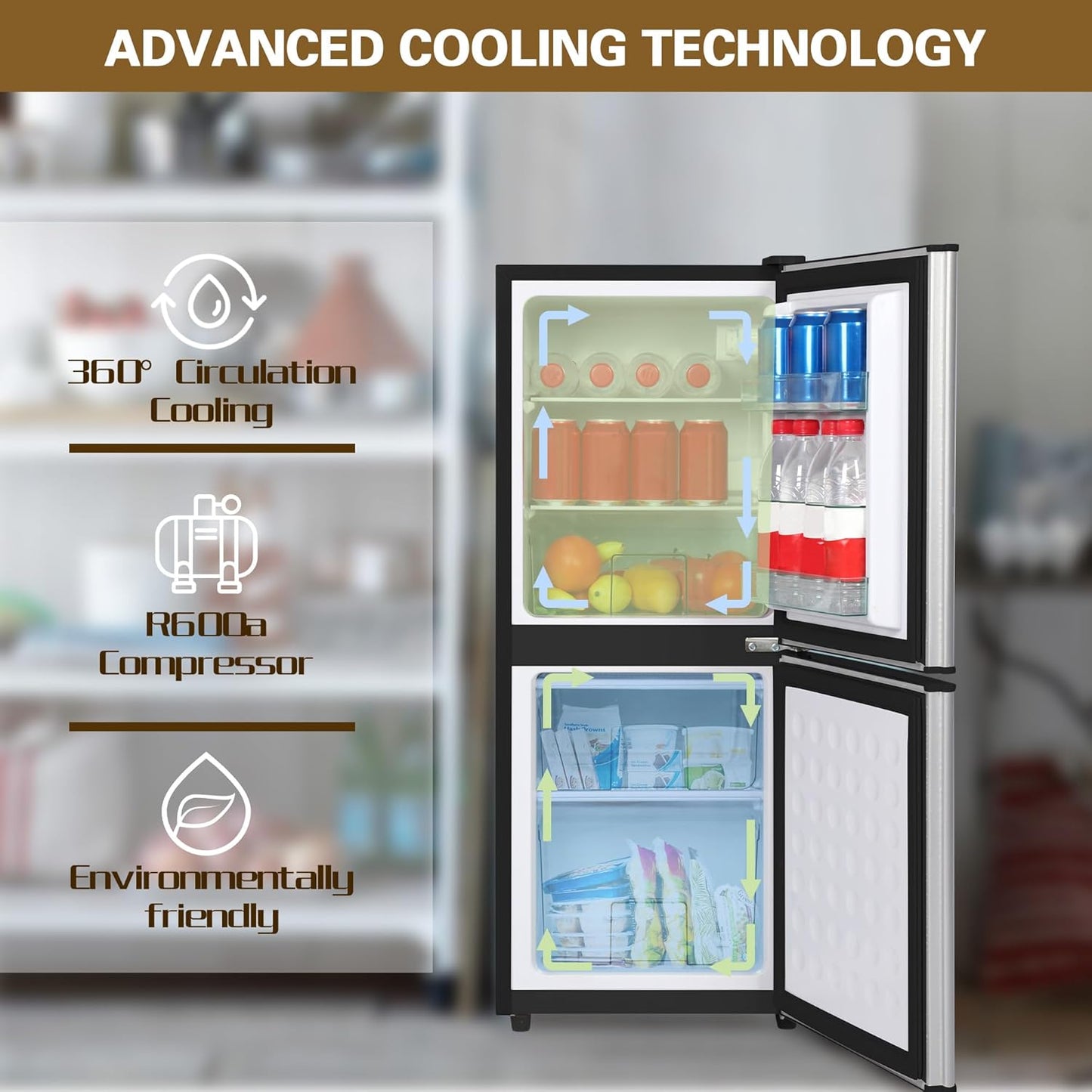 Small Fridge with Freezer 4.2 Cu.Ft., Mini Fridge and Freezer for Dorm with Adjustable Thermostat, Apartmet Size Fridge with Freezer Compact Fridge for Kitchen, Dorm, Office, Silver