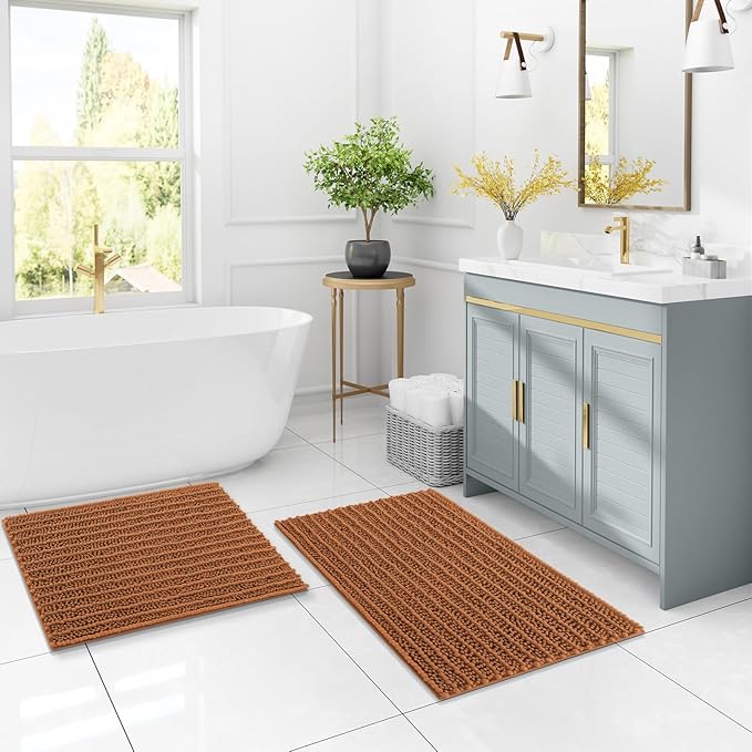 Arotive Luxury Chenille Bathroom Rug Mat, Extra Soft Thick Absorbent Shaggy Bath Rugs, Non-Slip Machine Wash Dry, Plush Bath Mats for Bathroom, Shower and Tub, 30x17, Clay