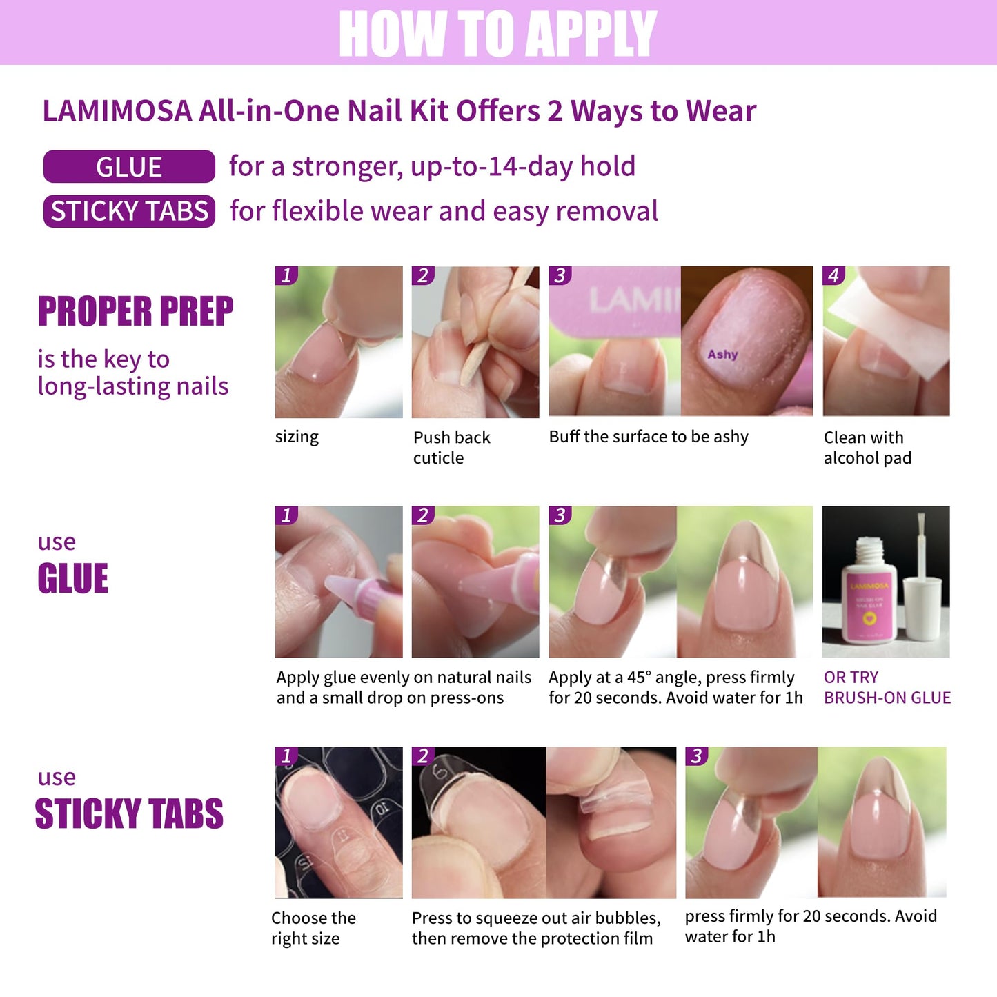 LAMIMOSA 32Pcs Black Press on Nails Short Square - Soft Gel Fake Nails in 16 Sizes, Reusable Solid Color Glue on Nails Kit, MIDNIGHT