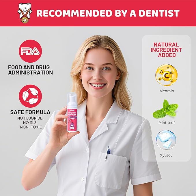 NOHOO Fluoride Free Foam Toothpaste Kids Fruit Flavour,Natural Training Toothpaste for Baby Toddler Children Oral Cleaning and Cavity Protection Strawberry Orange Peach Watermelon