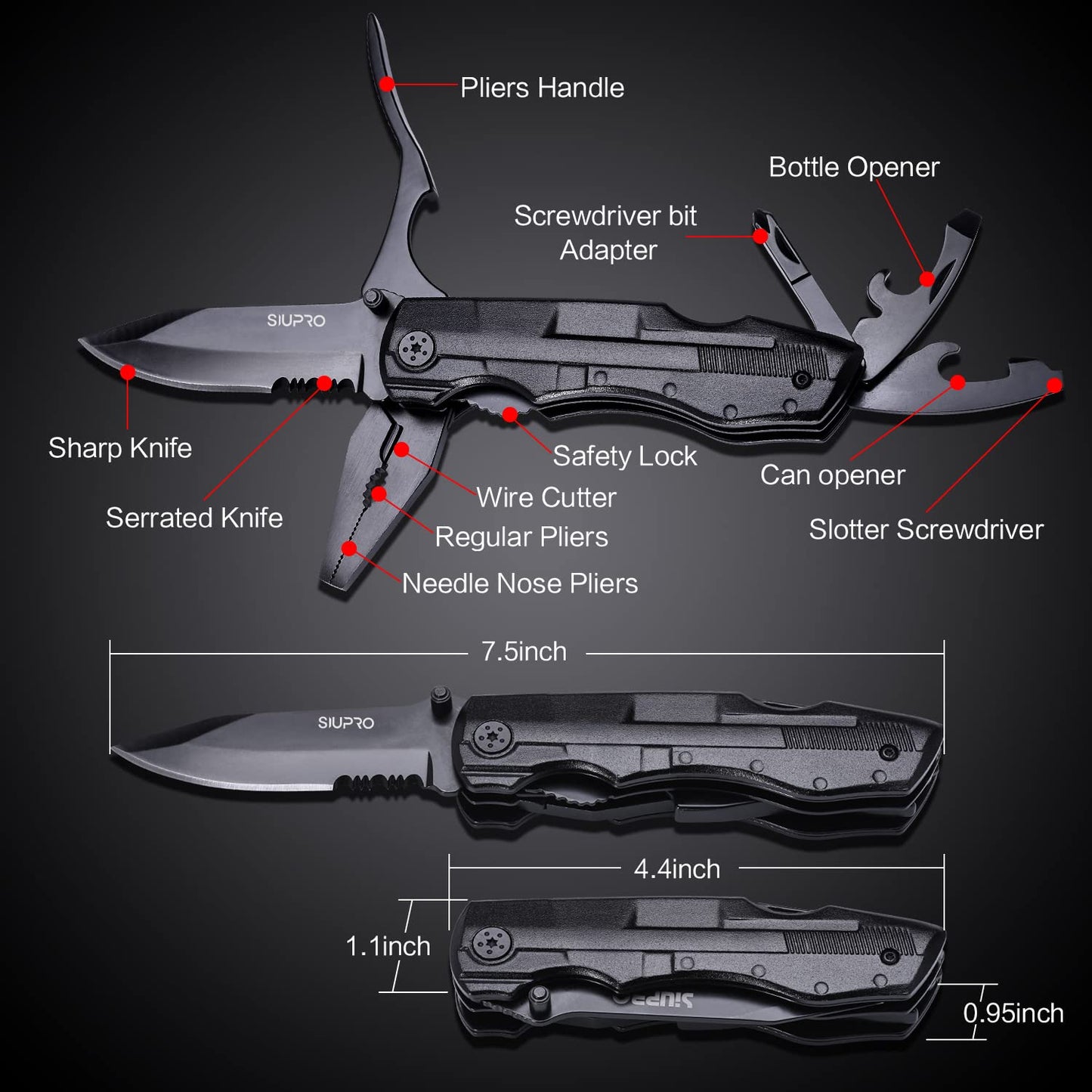 Multitool Pocket Knife for Men, Tactical Folding Multi Tool, Multipurpose Utility Plier Set, Camping, Survival, Hiking Gear, Screwdriver Kit, Mens Gifts Idea