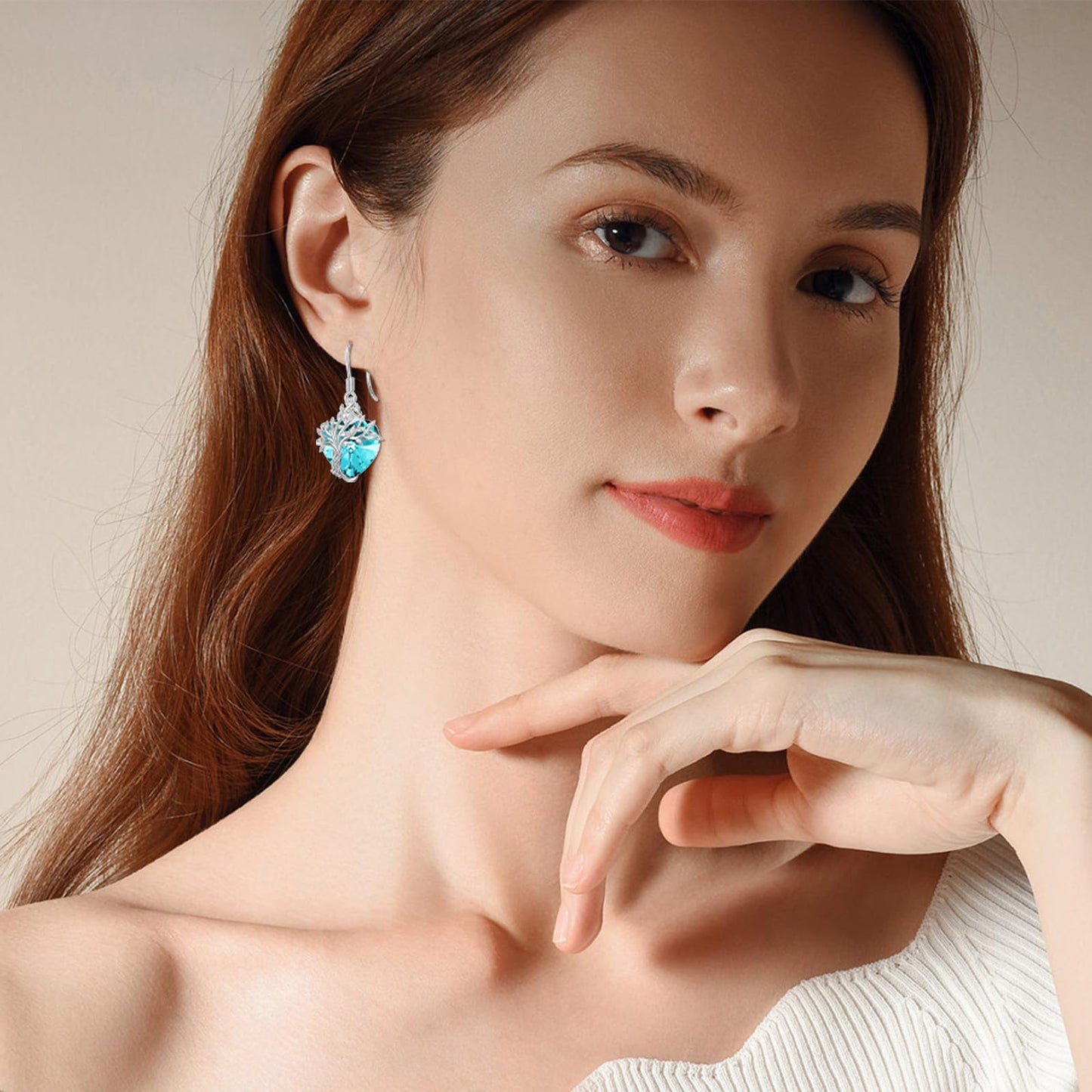 TOUPOP Heart Aquamarine March Birthstone Earrings Sterling Silver Tree of Life Earrings Blue Crystal Jewelry Birthday Mothers Day Gifts for Women Mom Her